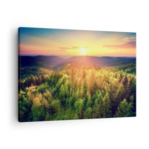 Cuadro sobre lienzo - Impresión de Imagen - Paisaje forestal con puesta de sol sobre las colinas - 70x50cm - Desde lo alto - Decoración de pared moderna para salón y dormitorio ARTTOR