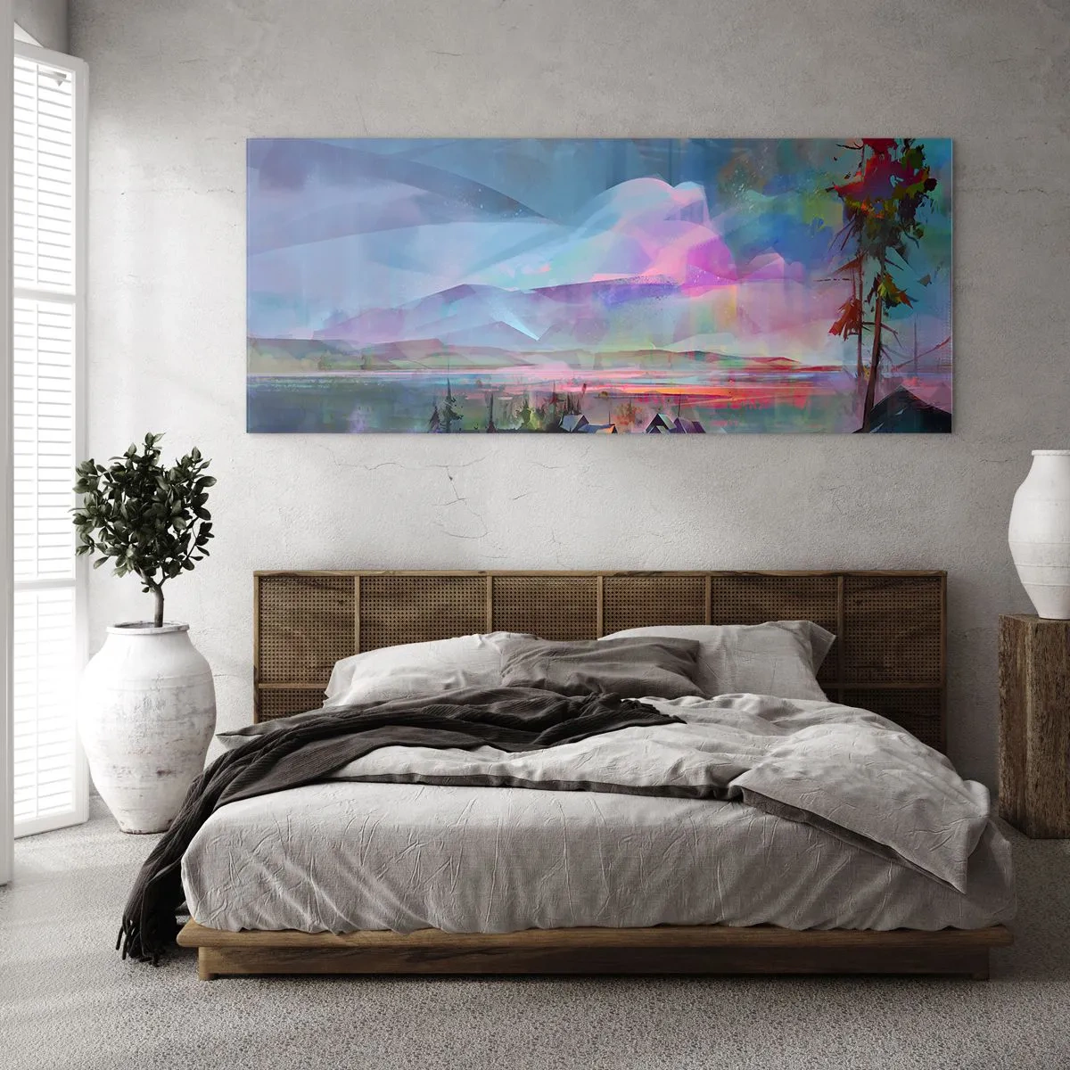 Cuadro sobre vidrio - Impresiones sobre Vidrio - Paisaje de montaña con un cielo colorido y un pueblo. - 120x50cm - Bajo un cielo benévolo - Decoración de pared moderna para salón y dormitorio ARTTOR