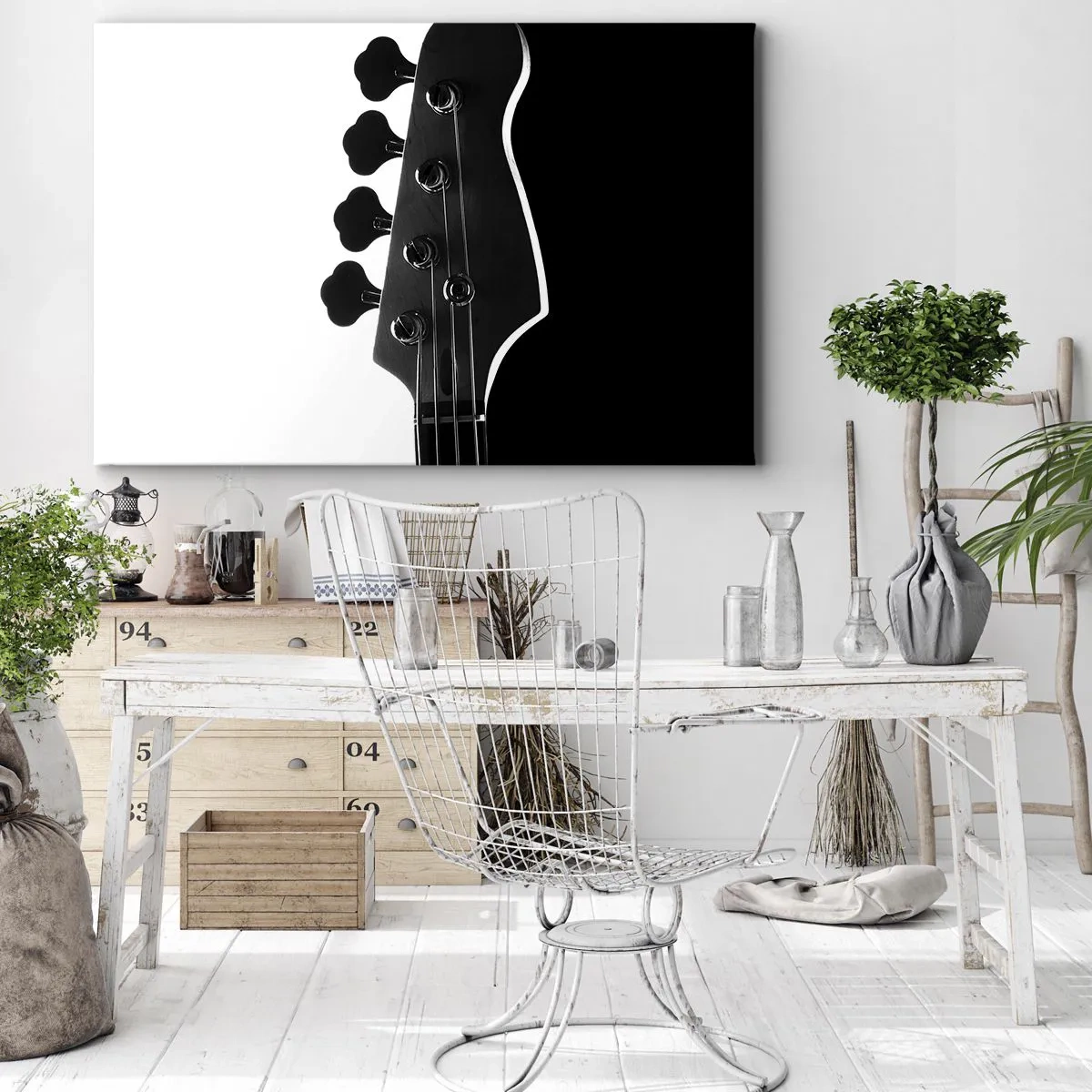 Cuadro sobre lienzo - Impresión de Imagen - Silueta en blanco y negro del clavijero de un bajo - 70x50cm - Silencio musical - Decoración de pared moderna para salón y dormitorio ARTTOR