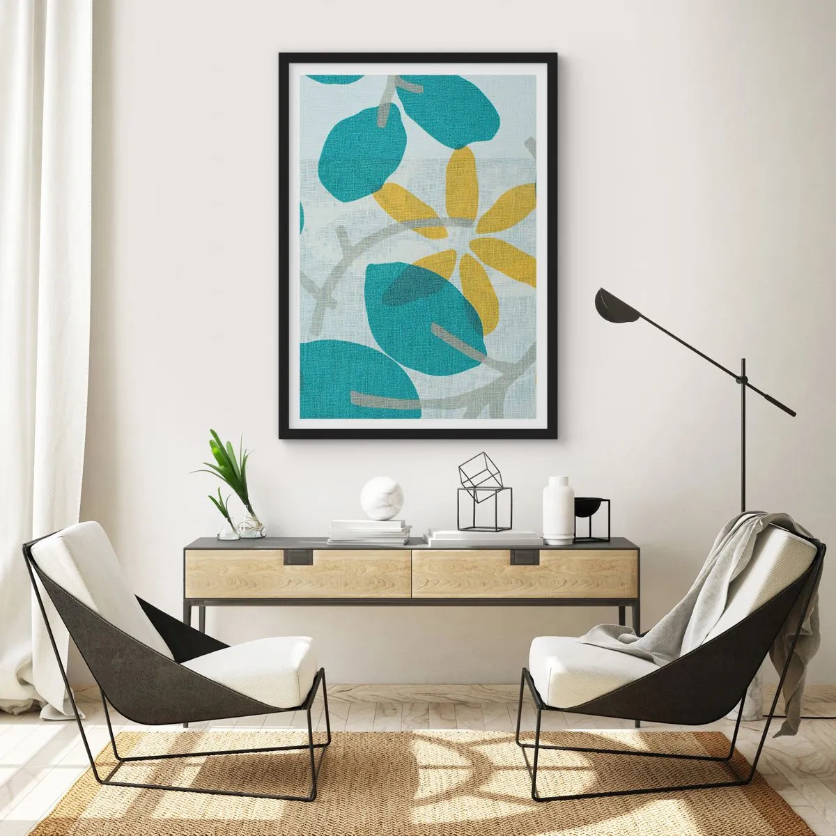Póster en marco negro - Gráficos botánicos modernos en tonos azules y amarillos. - 50x70cm - Entre hojas azules - Decoración de pared moderna para salón y dormitorio ARTTOR