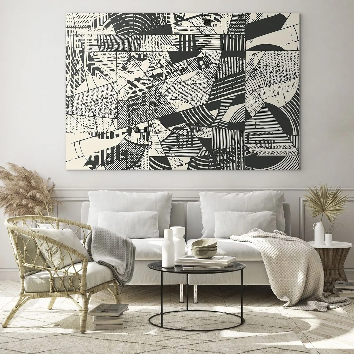 Cuadro sobre vidrio - Impresiones sobre Vidrio - Abstracción en blanco y negro con patrones geométricos dinámicos. - 70x50cm - La dinámica del presente - Decoración de pared moderna para salón y dormitorio ARTTOR