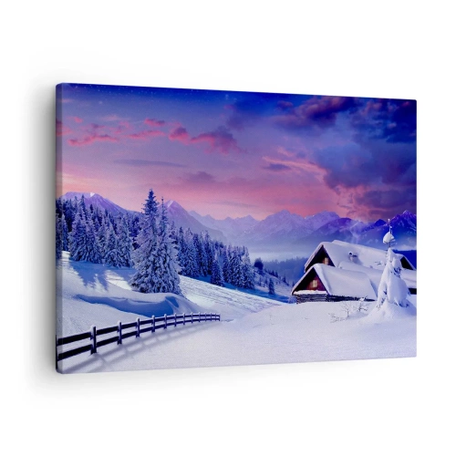 Cuadro sobre lienzo - Impresión de Imagen - Paisaje invernal con cabañas de montaña al atardecer - 70x50cm - Noche de silencio - Decoración de pared moderna para salón y dormitorio ARTTOR