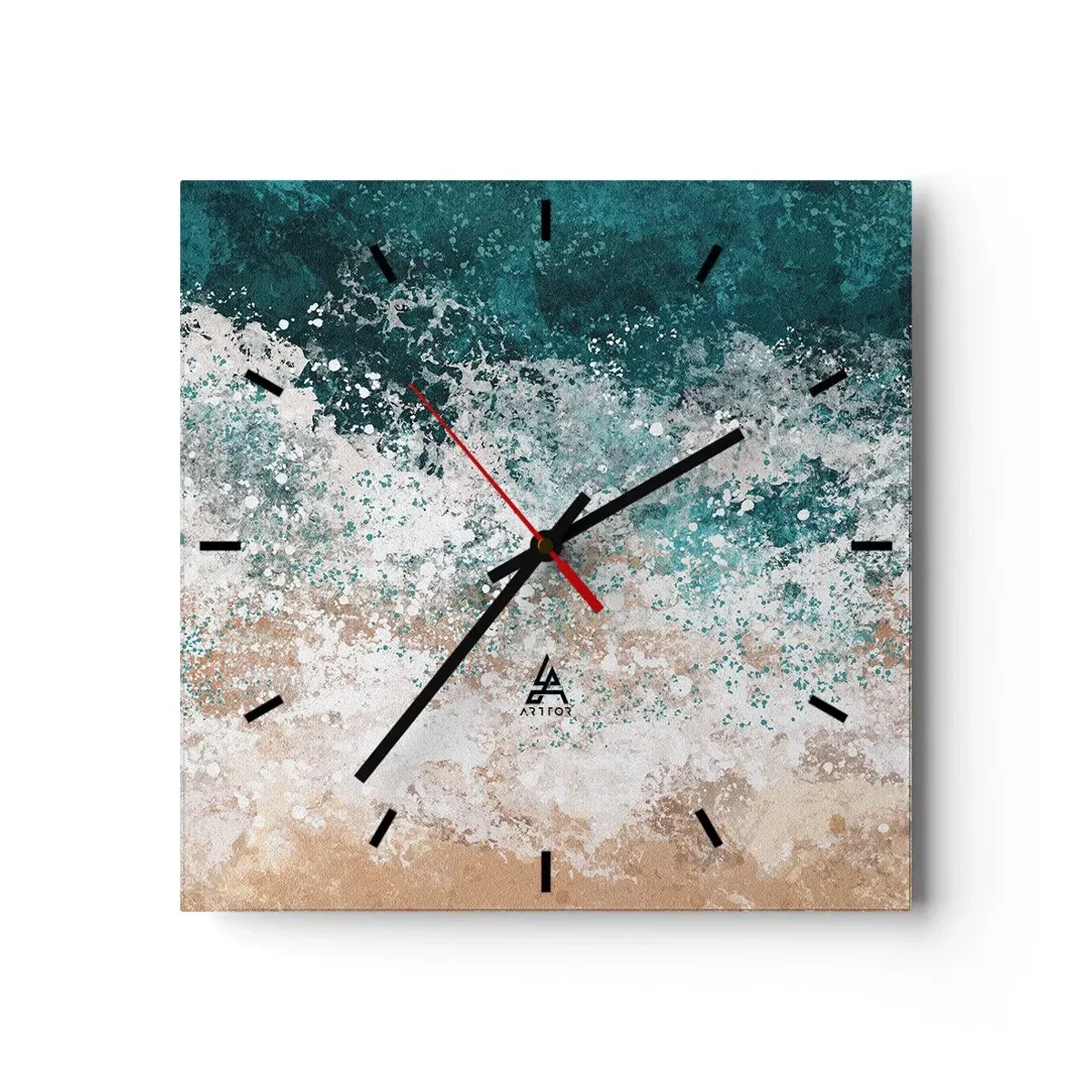 Reloj de pared - Reloj de vidrio - Ola marina abstracta en tonos turquesa y beige - 30x30cm - Historias del mar - Decoración de pared moderna para salón y dormitorio ARTTOR