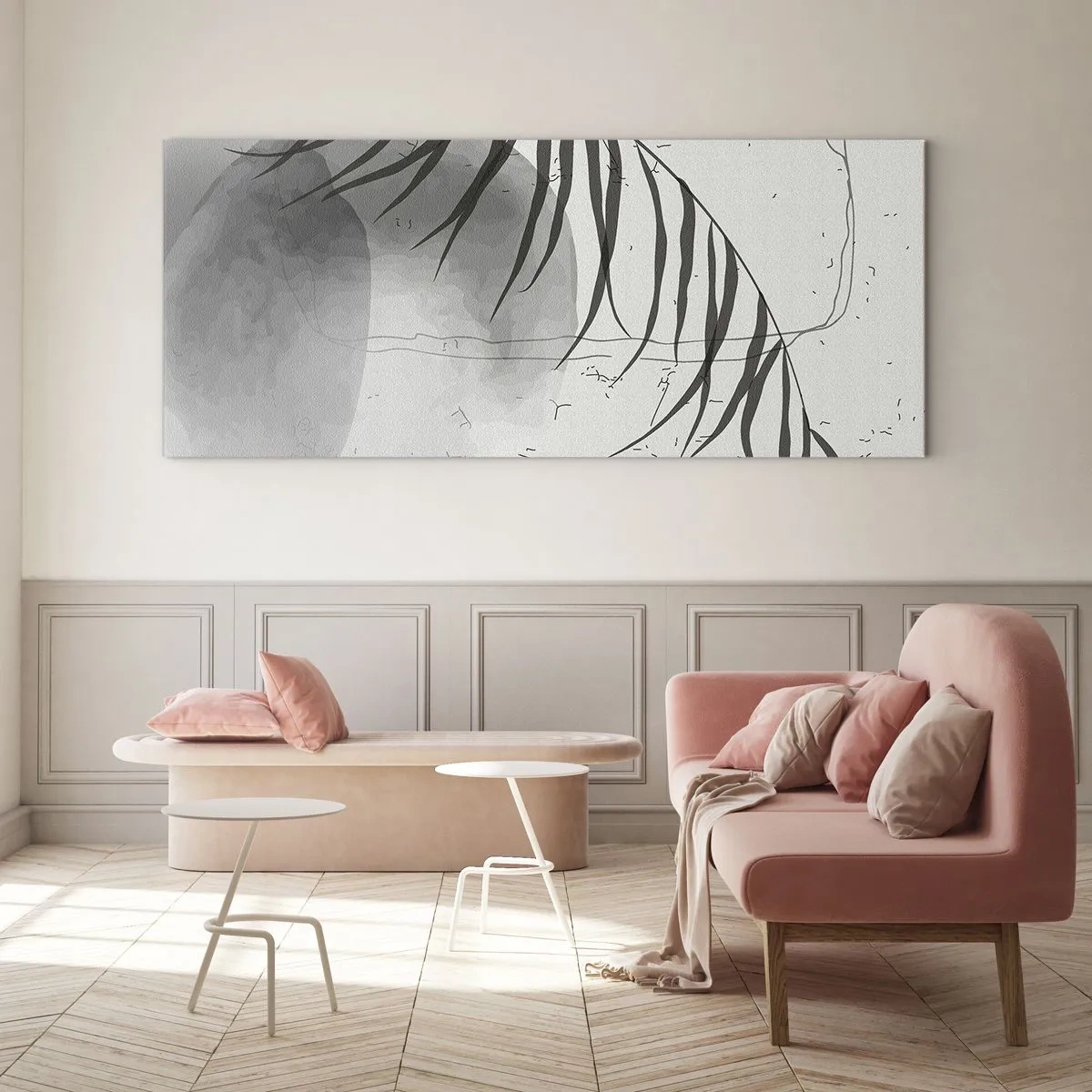 Cuadro sobre vidrio - Impresiones sobre Vidrio - Un delicado motivo de hojas de palma sobre un fondo claro en estilo escandinavo. - 140x50cm - El sutil exotismo de la naturaleza - Decoración de pared moderna para salón y dormitorio ARTTOR