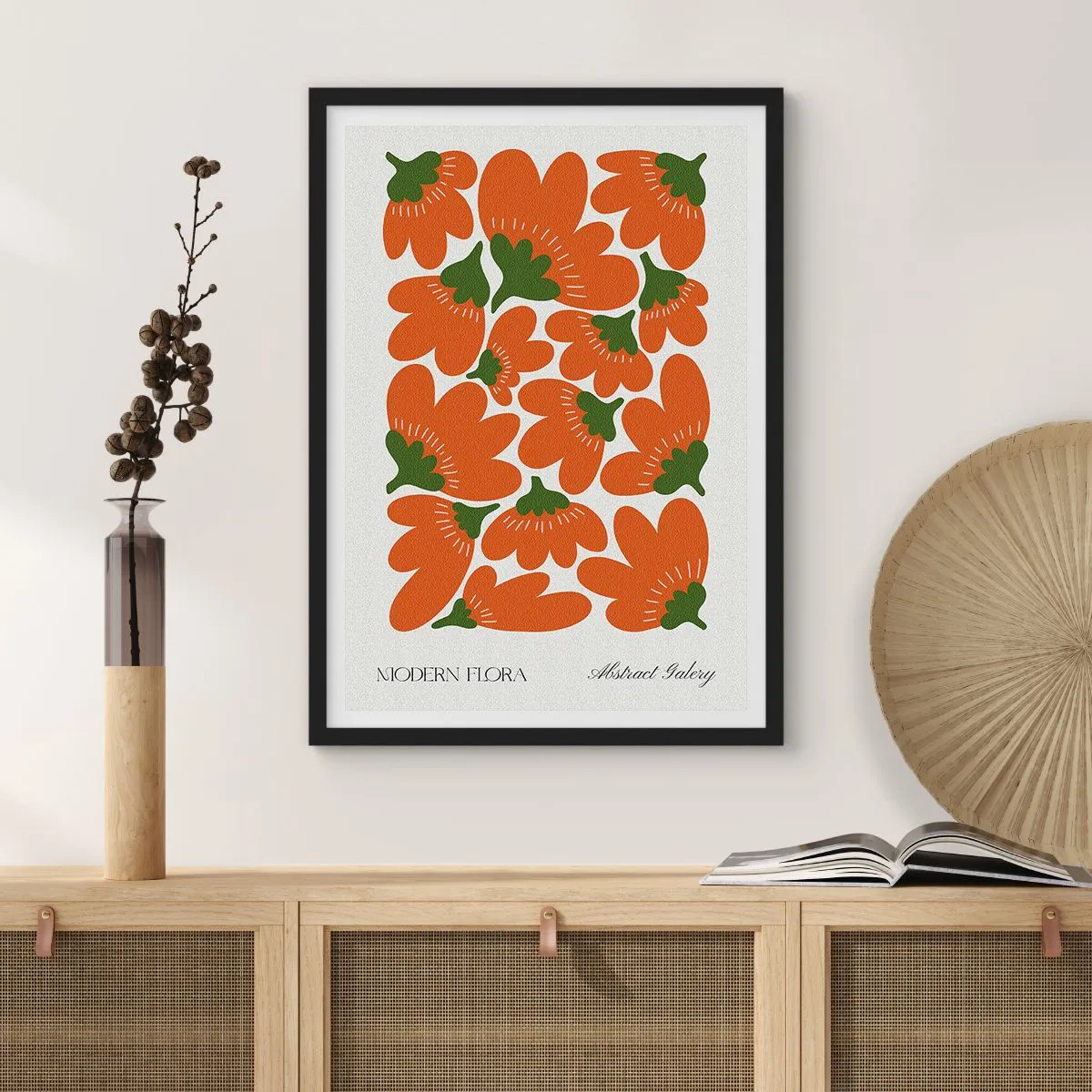 Póster en marco negro - Flores naranjas abstractas sobre un fondo claro - 50x70cm - La vida de las flores - Decoración de pared moderna para salón y dormitorio ARTTOR