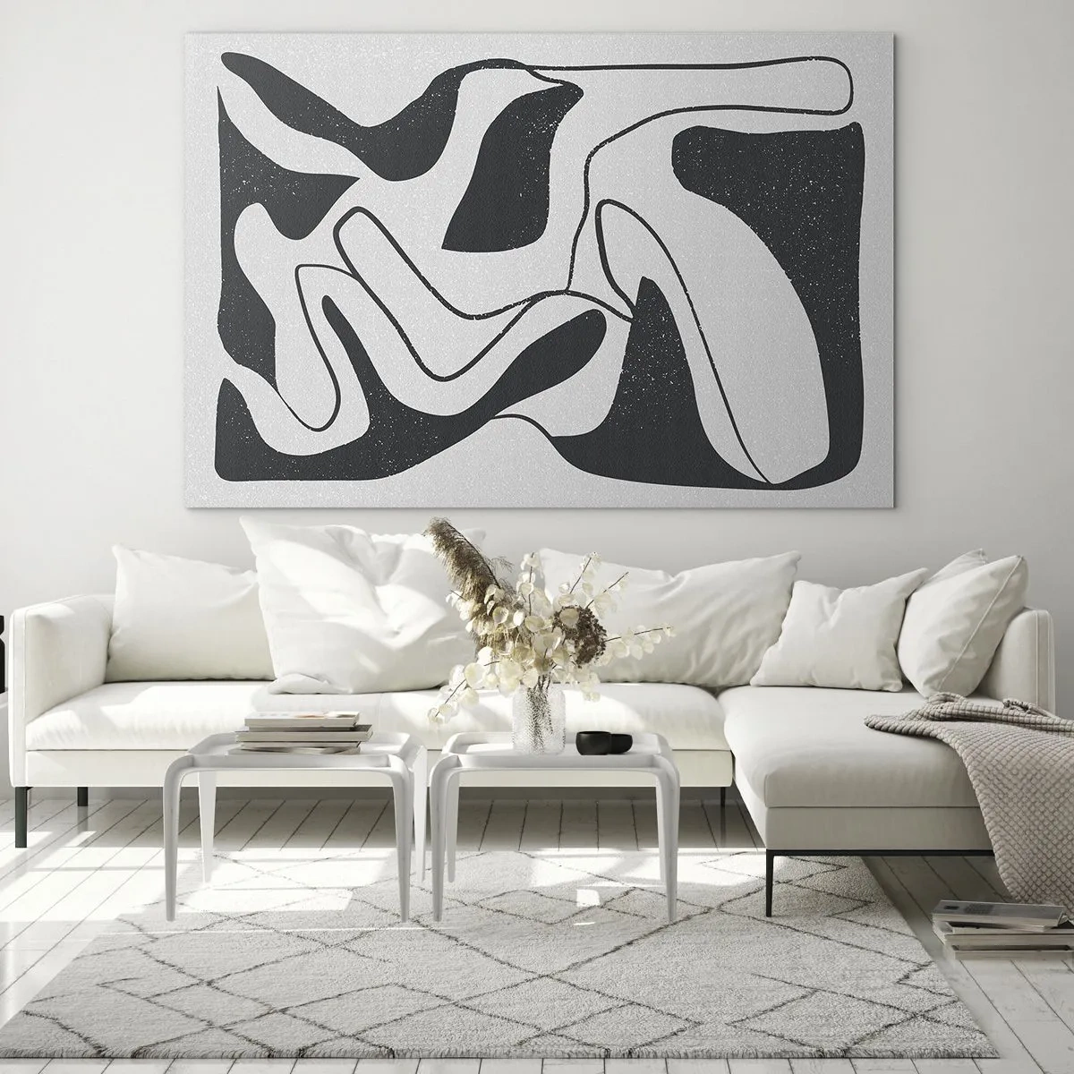 Cuadro sobre vidrio - Impresiones sobre Vidrio - Formas abstractas en blanco y negro que se asemejan a un laberinto. - 70x50cm - Juego abstracto en un laberinto - Decoración de pared moderna para salón y dormitorio ARTTOR