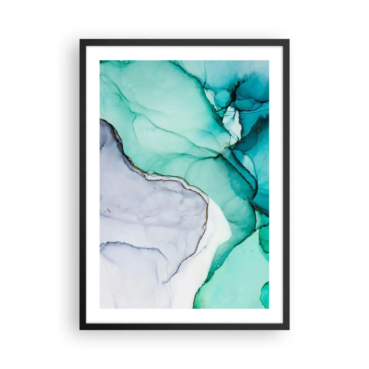 Póster en marco negro - Un patrón abstracto en tonos turquesa y gris, inspirado en la naturaleza. - 50x70cm - Estudio en turquesa - Decoración de pared moderna para salón y dormitorio ARTTOR