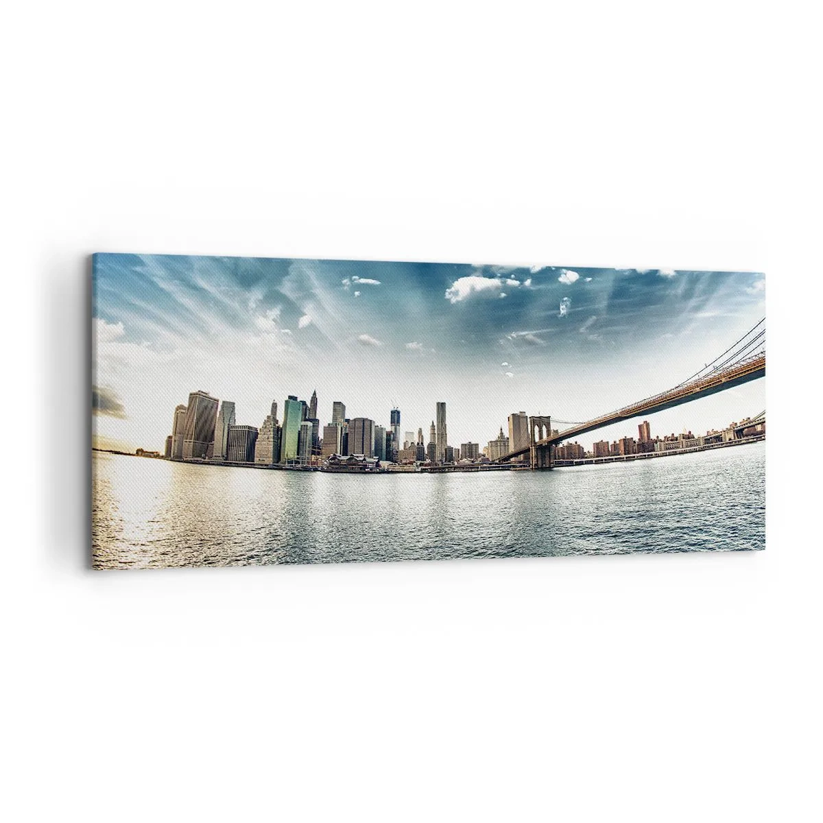 Cuadro sobre lienzo - Impresión de Imagen - Panorama de la ciudad con un puente contra el cielo azul. - 120x50cm - Isla de cristal - Decoración de pared moderna para salón y dormitorio ARTTOR