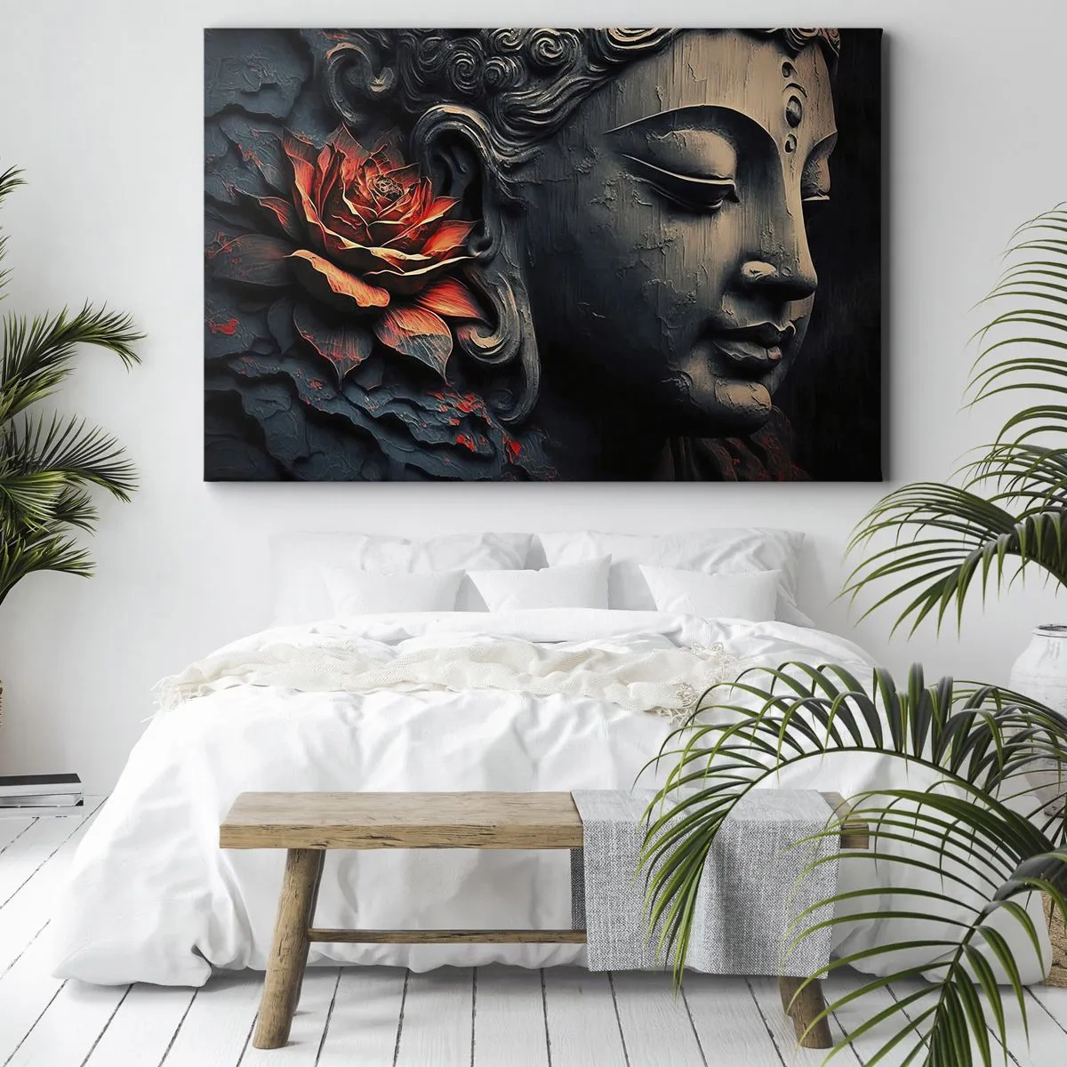 Cuadro sobre lienzo - Impresión de Imagen - Escultura de Buda con una flor de loto roja. - 120x80cm - En sintonía con el mundo - Decoración de pared moderna para salón y dormitorio ARTTOR