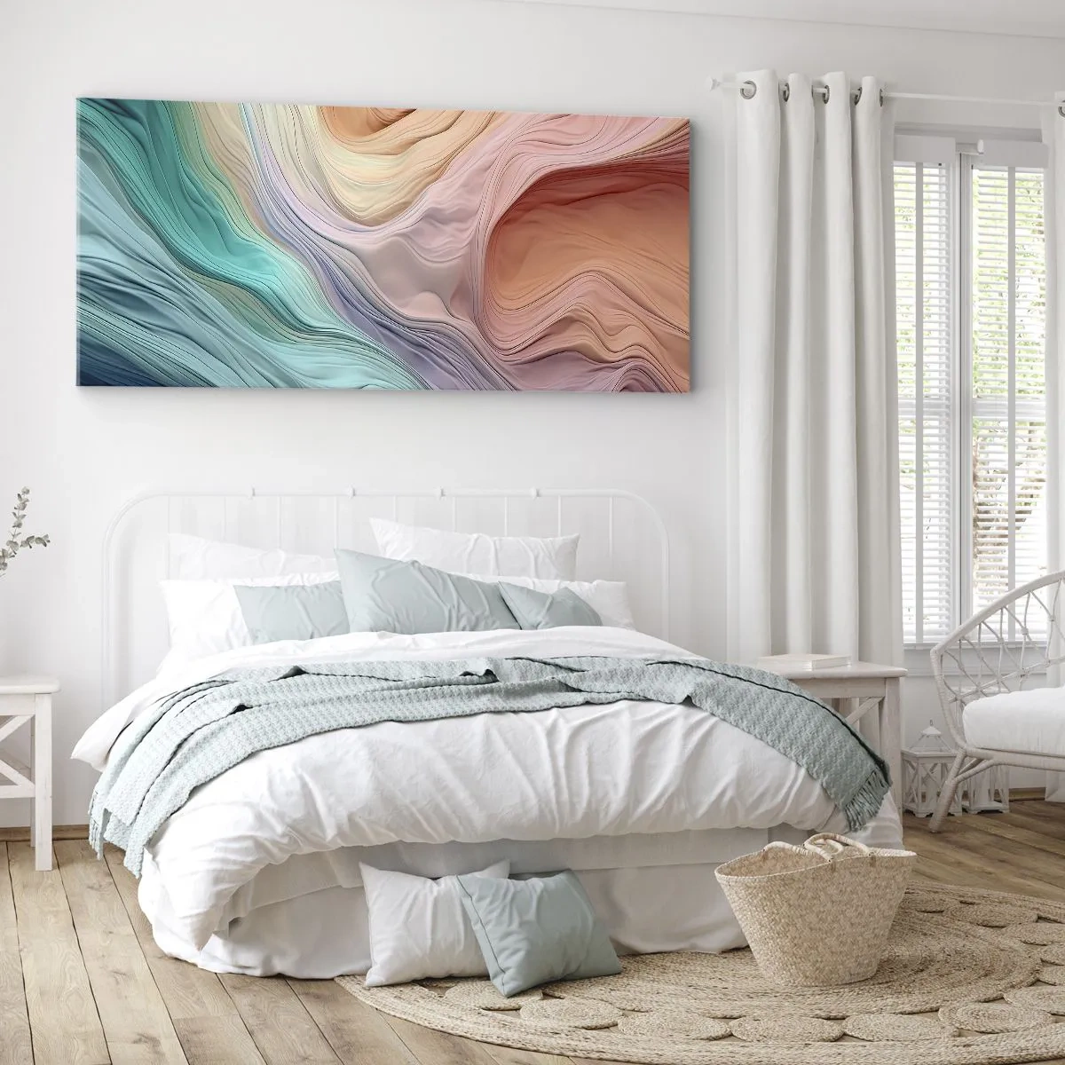 Cuadro sobre lienzo - Impresión de Imagen - Ondas abstractas en colores pastel y arcoíris - 120x50cm - Ola arco iris - Decoración de pared moderna para salón y dormitorio ARTTOR