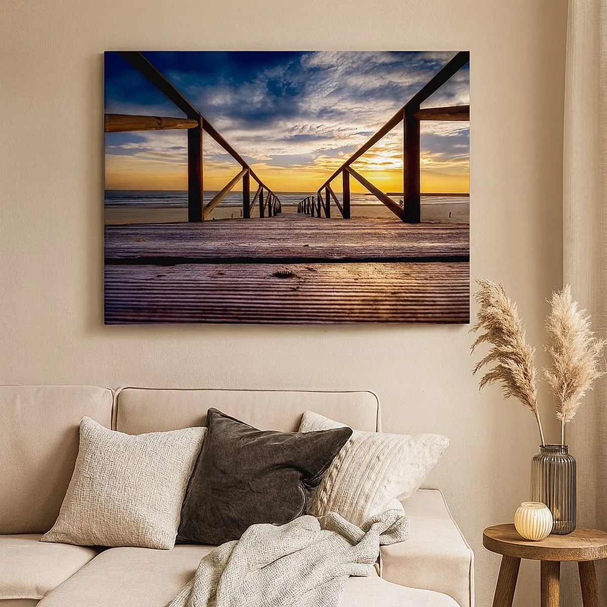 Cuadro sobre lienzo - Impresión de Imagen - Muelle de madera que conduce a la playa al atardecer - 70x50cm - Directamente hacia una playa tranquila al atardecer - Decoración de pared moderna para salón y dormitorio ARTTOR