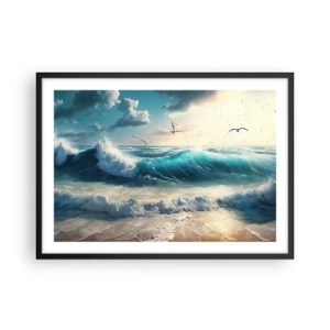Póster en marco negro - Olas del mar en la playa bajo un cielo azul con gaviotas - 70x50cm - La brisa solo para ti - Decoración de pared moderna para salón y dormitorio ARTTOR