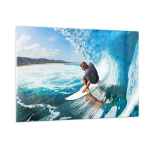 Cuadro sobre vidrio - Impresiones sobre Vidrio - Surfista en un túnel de agua con el océano al fondo - 120x80cm - Bailando con las olas - Decoración de pared moderna para salón y dormitorio ARTTOR