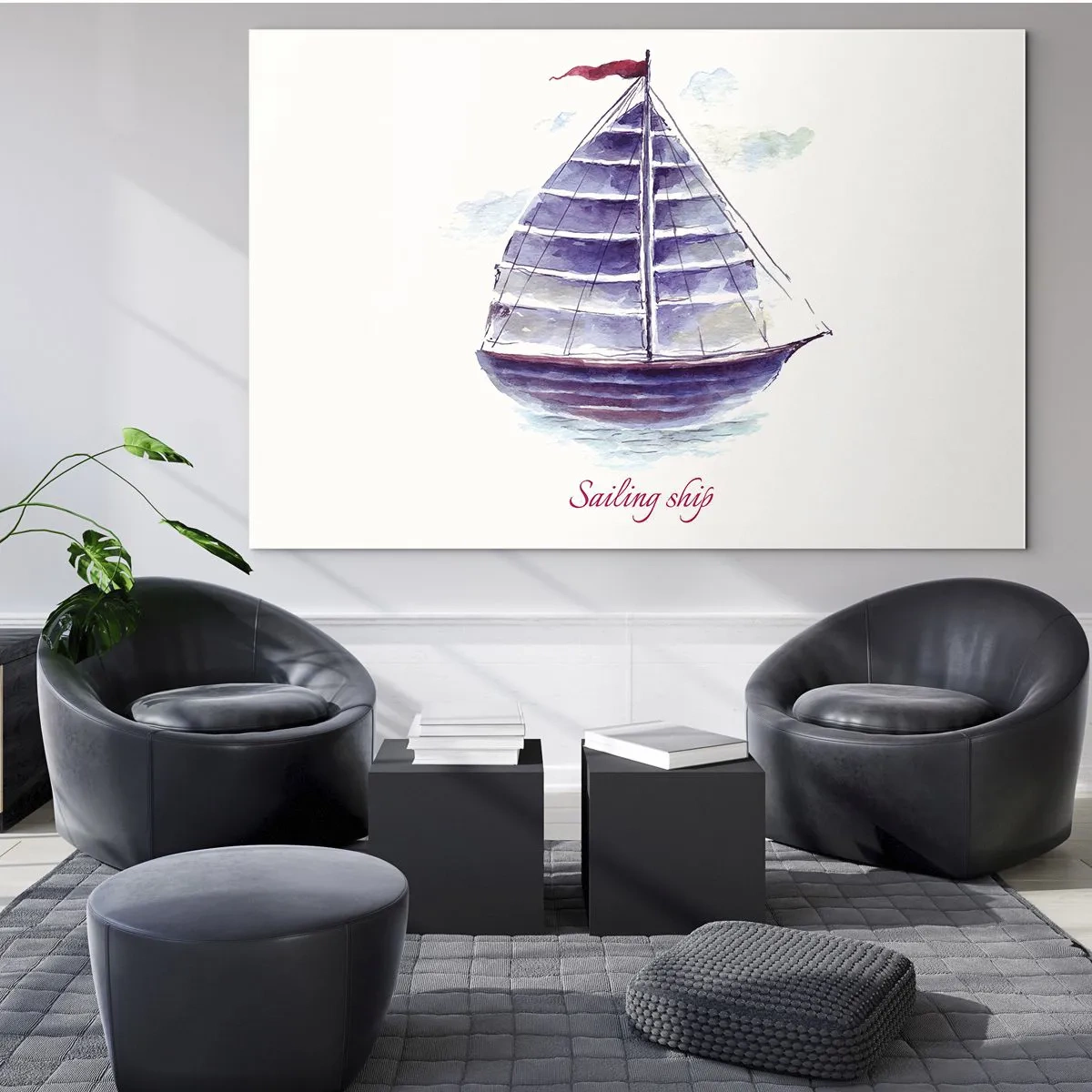 Cuadro sobre vidrio - Impresiones sobre Vidrio - Barco de vela de acuarela con la inscripción Velero - 120x80cm - Velas izadas y aguas tranquilas - Decoración de pared moderna para salón y dormitorio ARTTOR