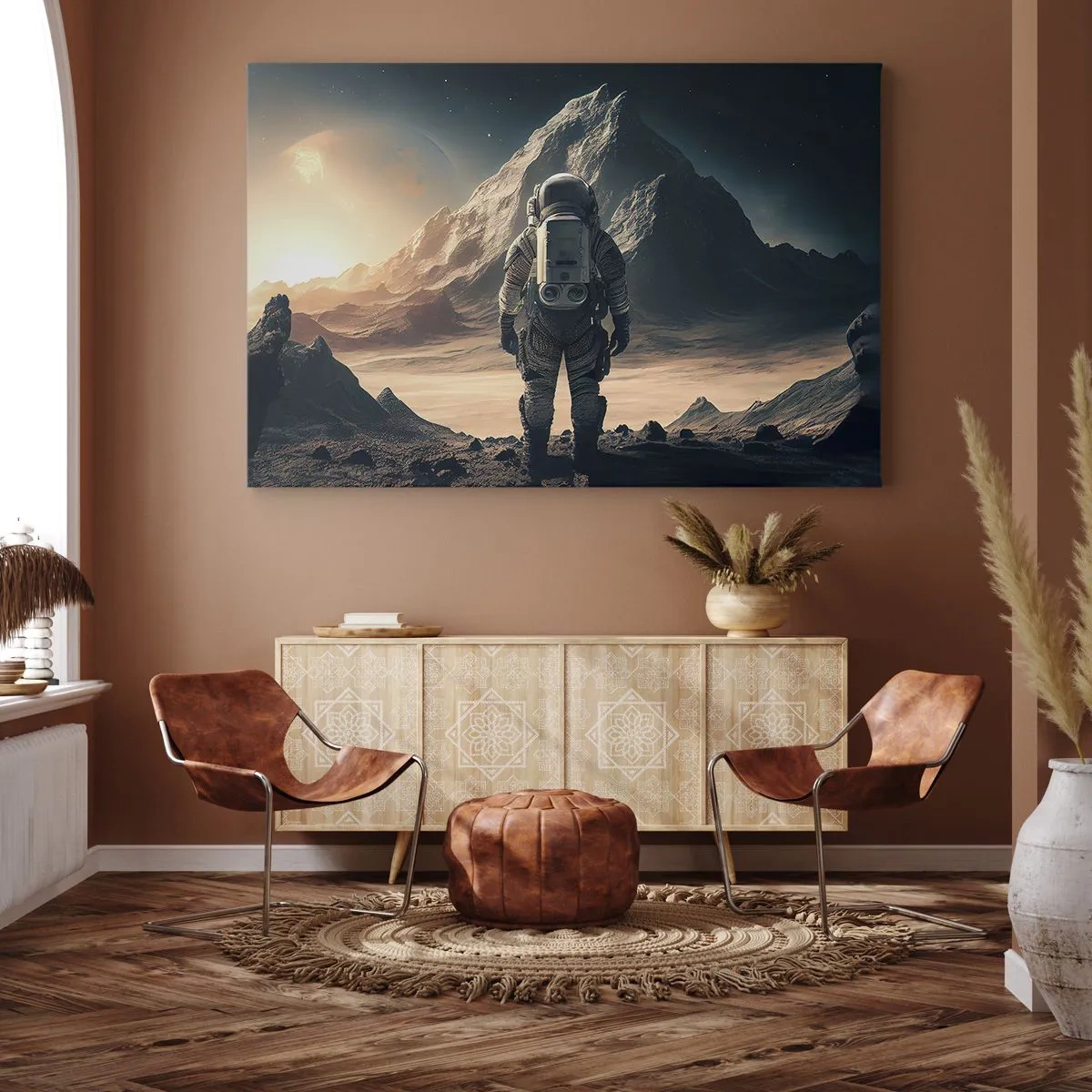 Cuadro sobre lienzo - Impresión de Imagen - Astronauta con el telón de fondo de majestuosas montañas - 120x80cm - Un nuevo reto - Decoración de pared moderna para salón y dormitorio ARTTOR