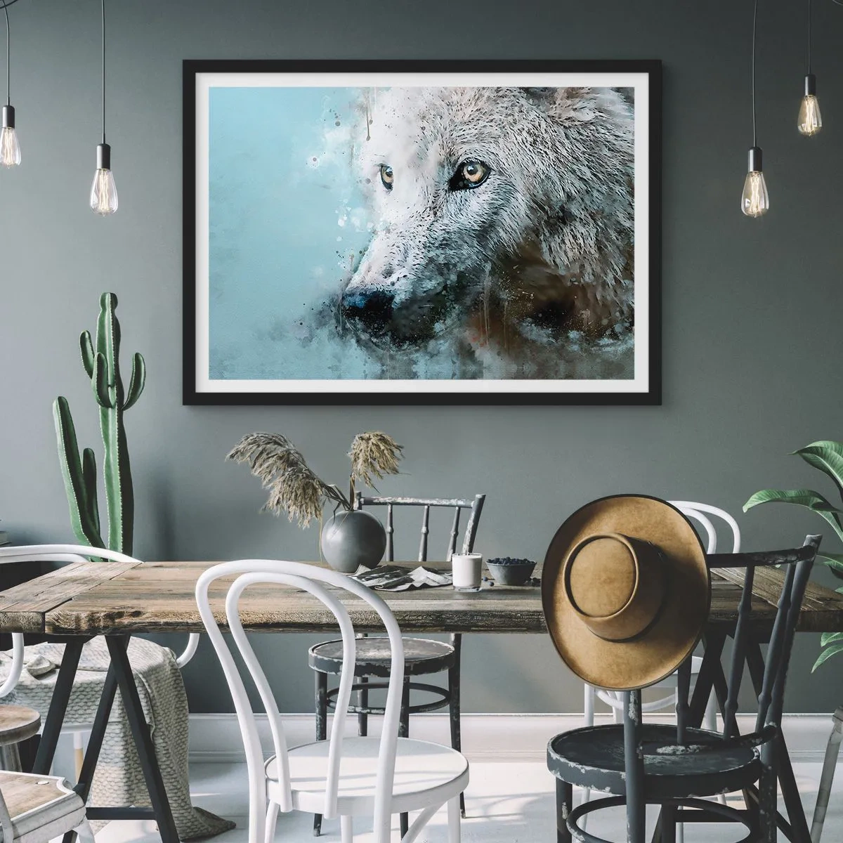 Póster en marco negro - Retrato en acuarela de un lobo - 100x70cm - Conoce el alma del lobo - Decoración de pared moderna para salón y dormitorio ARTTOR