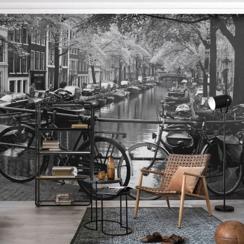 Fotomural Premium Sand - Una visión muy holandesa - Ámsterdam, Bicicleta, Arquitectura - 400x280 cm