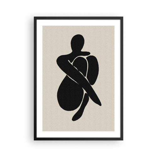 Póster en marco negro - Figura abstracta en pose con los brazos alrededor del cuerpo, ilustración en blanco y negro - 50x70cm - En mi propio abrazo - Decoración de pared moderna para salón y dormitorio ARTTOR