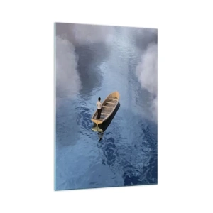 Cuadro sobre vidrio - Impresiones sobre Vidrio - Un hombre en un barco en un mar tranquilo rodeado de nubes. - 70x100cm - La vida - el viaje - lo desconocido - Decoración de pared moderna para salón y dormitorio ARTTOR