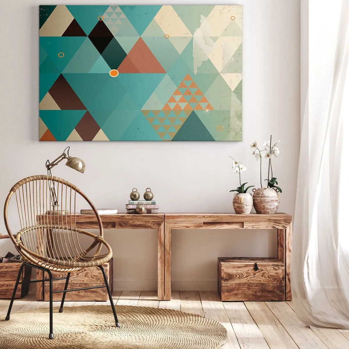 Cuadro sobre lienzo - Impresión de Imagen - Patrones geométricos en tonos turquesa y marrón. - 70x50cm - Uno para todos y todos para uno - Decoración de pared moderna para salón y dormitorio ARTTOR