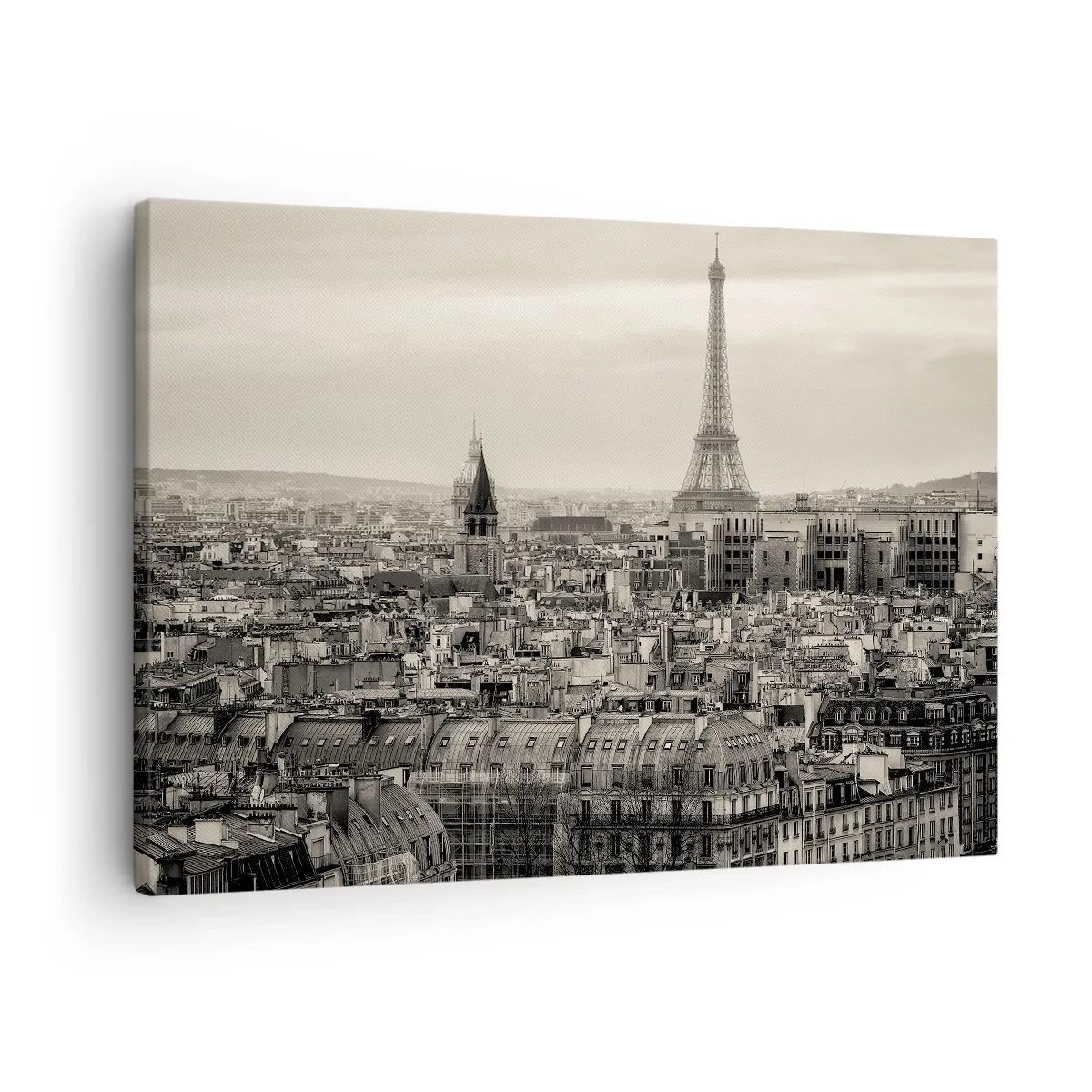 Cuadro sobre lienzo - Impresión de Imagen - Panorama de París con la Torre Eiffel en tonos sepia - 70x50cm - Sobre los tejados de París - Decoración de pared moderna para salón y dormitorio ARTTOR
