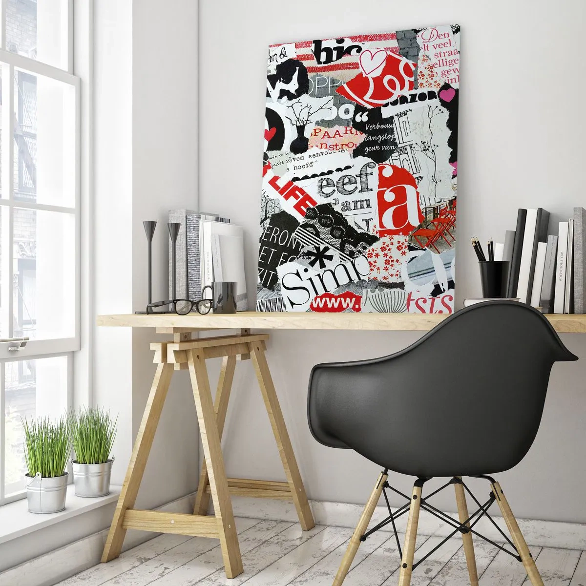 Cuadro sobre vidrio - Impresiones sobre Vidrio - Un collage de letras, corazones y árboles en un estilo artístico. - 50x70cm - Collage hipster - Decoración de pared moderna para salón y dormitorio ARTTOR
