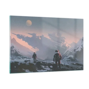 Cuadro sobre vidrio - Impresiones sobre Vidrio - Astronautas en un planeta alienígena con un naufragio al fondo - 120x80cm - Bajo una estrella desconocida - Decoración de pared moderna para salón y dormitorio ARTTOR