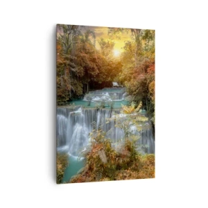 Cuadro sobre lienzo - Impresión de Imagen - Cascada de otoño rodeada de árboles coloridos a la luz del sol. - 70x100cm - El tesoro escondido del bosque - Decoración de pared moderna para salón y dormitorio ARTTOR