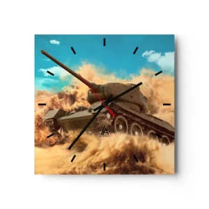 Reloj de pared - Reloj de vidrio - Un tanque en acción en el desierto, rodeado de polvo de arena. - 30x30cm - Inmejorable - Decoración de pared moderna para salón y dormitorio ARTTOR