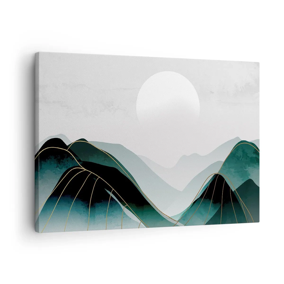 Cuadro sobre lienzo - Impresión de Imagen - Paisaje montañoso abstracto con la luna y líneas doradas. - 70x50cm - Con toda la majestuosidad - Decoración de pared moderna para salón y dormitorio ARTTOR