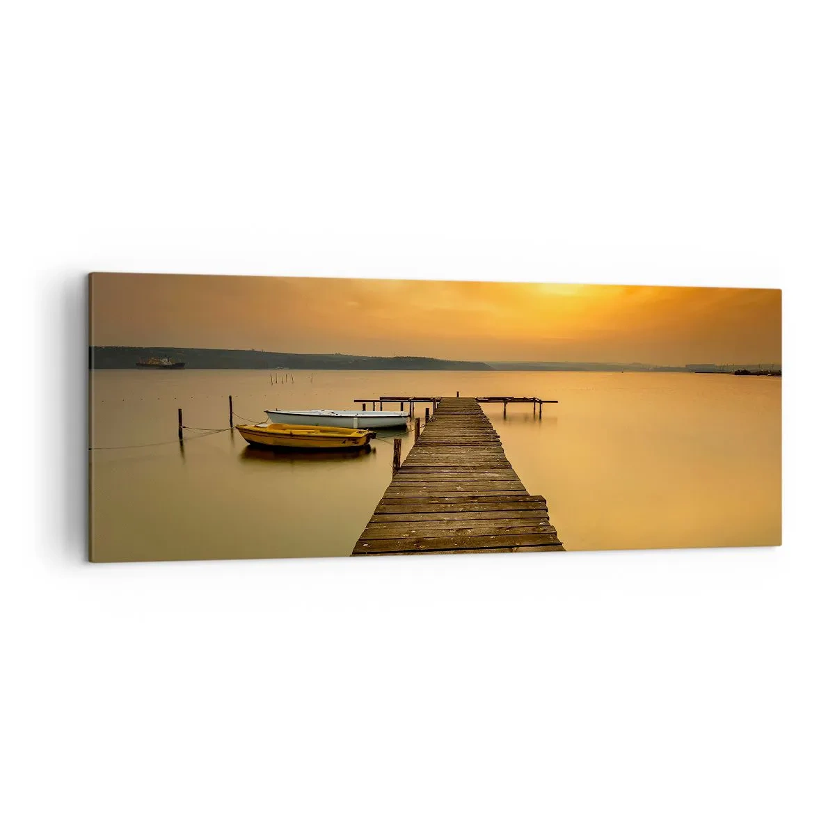 Cuadro sobre lienzo - Impresión de Imagen - Muelle de madera y barcos en el lago al atardecer - 140x50cm - Abriré el cielo dorado para ti - Decoración de pared moderna para salón y dormitorio ARTTOR