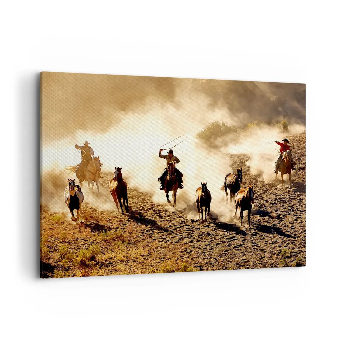 Cuadro sobre lienzo - Impresión de Imagen - Vaqueros a caballo en acción en el terreno desértico. - 100x70cm - El salvaje oeste - Decoración de pared moderna para salón y dormitorio ARTTOR