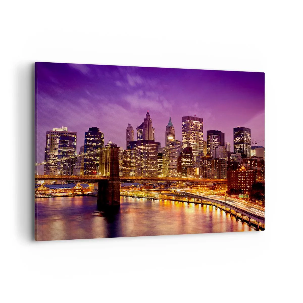 Cuadro sobre lienzo - Impresión de Imagen - Panorama de la ciudad con el puente a la luz del atardecer contra el cielo violeta. - 100x70cm - Manhattan púrpura y dorado - Decoración de pared moderna para salón y dormitorio ARTTOR