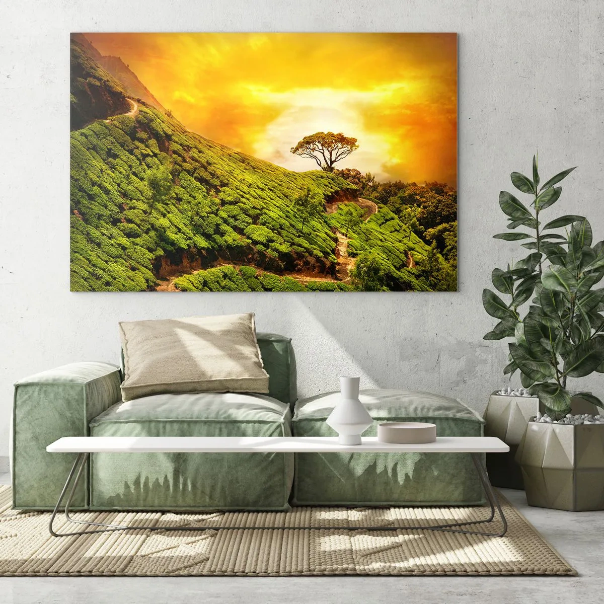 Cuadro sobre vidrio - Impresiones sobre Vidrio - Colinas verdes con un árbol solitario al atardecer - 70x50cm - Por un camino sinuoso, por una verde pendiente - Decoración de pared moderna para salón y dormitorio ARTTOR