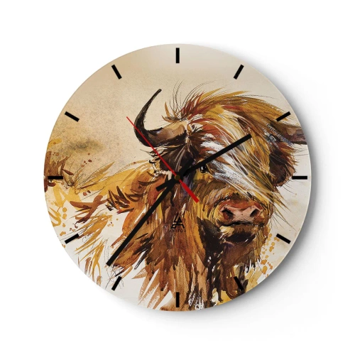 Reloj de pared - Reloj de vidrio - Una ilustración pintada de un toro escocés con pelaje suelto. - 30x30cm - El orgullo del líder - Decoración de pared moderna para salón, cocina y dormitorio ARTTOR