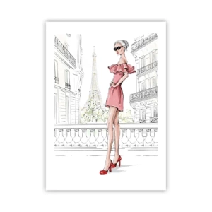 Póster - Una mujer elegante con un vestido rosa con la Torre Eiffel al fondo. - 50x70cm - El arte de la moda - Decoración de pared moderna para salón y dormitorio ARTTOR