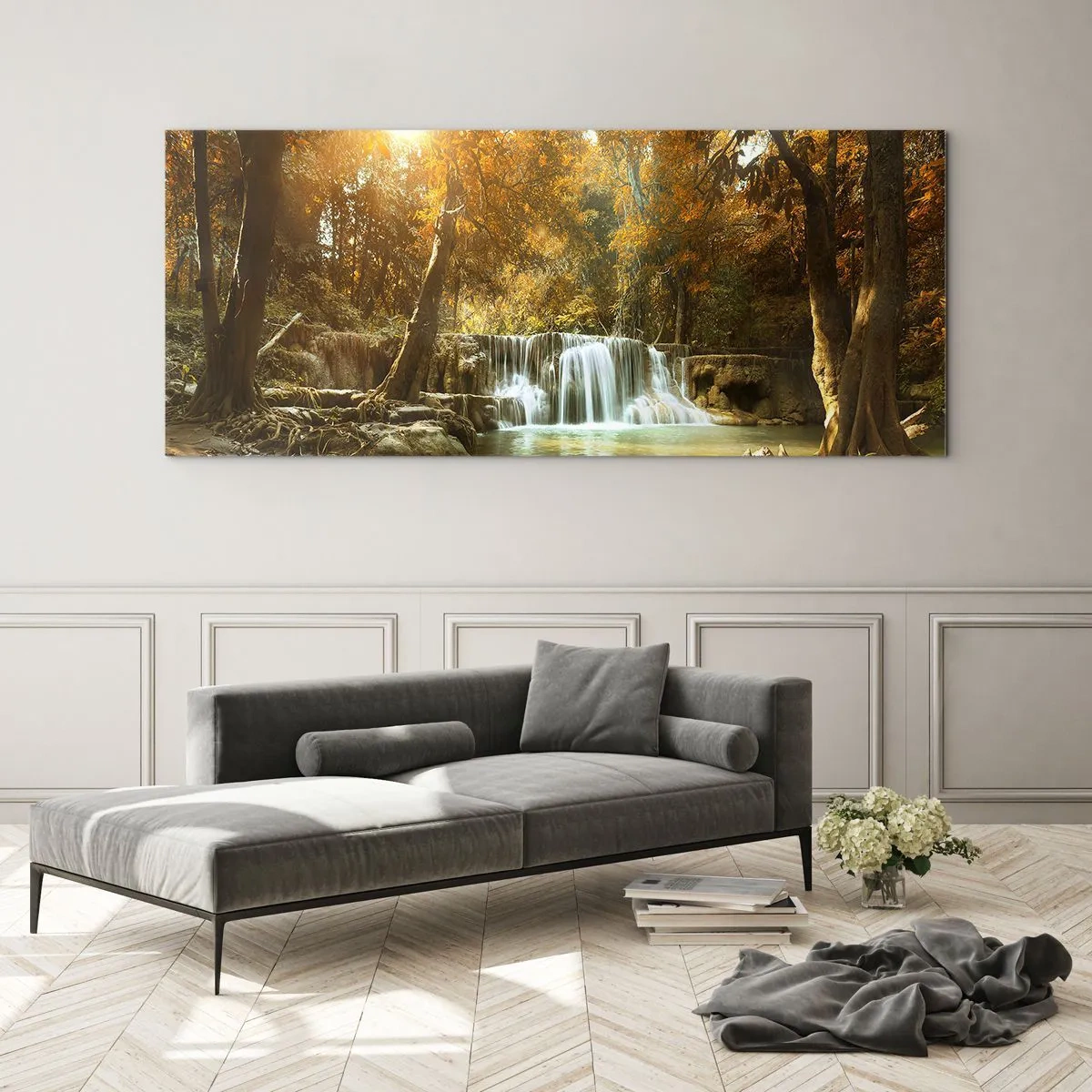 Cuadro sobre vidrio - Impresiones sobre Vidrio - Una cascada en el parque - 90x30 cm