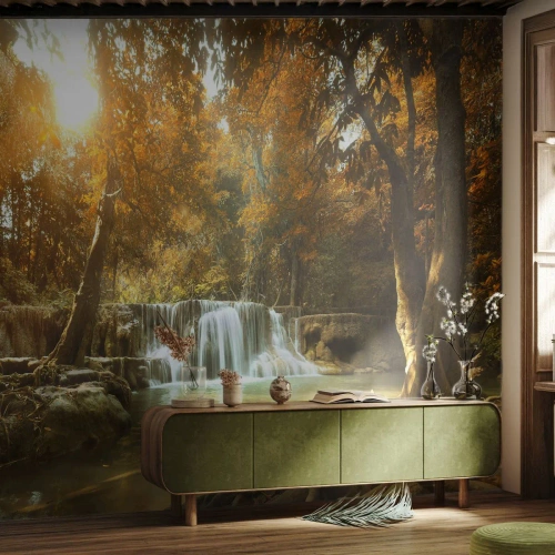 Fotomural Premium Canvas - Paisaje otoñal con cascada - 100x70cm - Una cascada en el parque - Decoración de pared moderna para salón y dormitorio ARTTOR