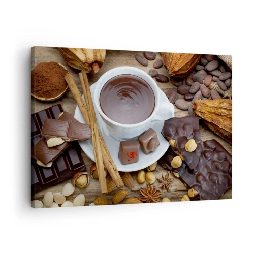 Cuadro sobre lienzo - Impresión de Imagen - Una taza de chocolate caliente rodeada de ingredientes de postre. - 70x50cm - Chocolate de ensueño - Decoración de pared moderna para salón y dormitorio ARTTOR