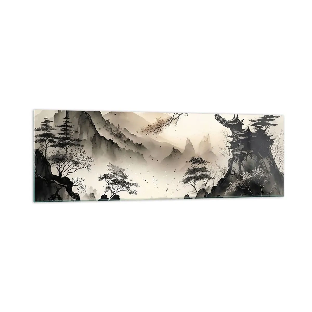 Cuadro sobre vidrio - Impresiones sobre Vidrio - Un paisaje oriental con montañas y una pagoda en tonos delicados. - 160x50cm - El encanto único de Oriente - Decoración de pared moderna para salón y dormitorio ARTTOR