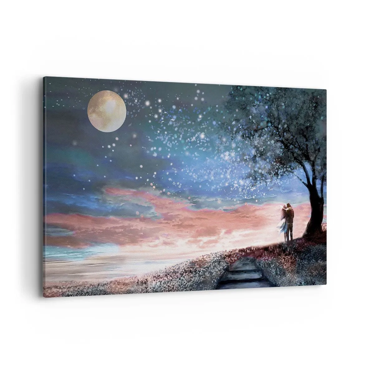 Cuadro sobre lienzo - Impresión de Imagen - Escena romántica de pareja bajo la luna llena - 120x80cm - Un espectáculo estelar - Decoración de pared moderna para salón y dormitorio ARTTOR