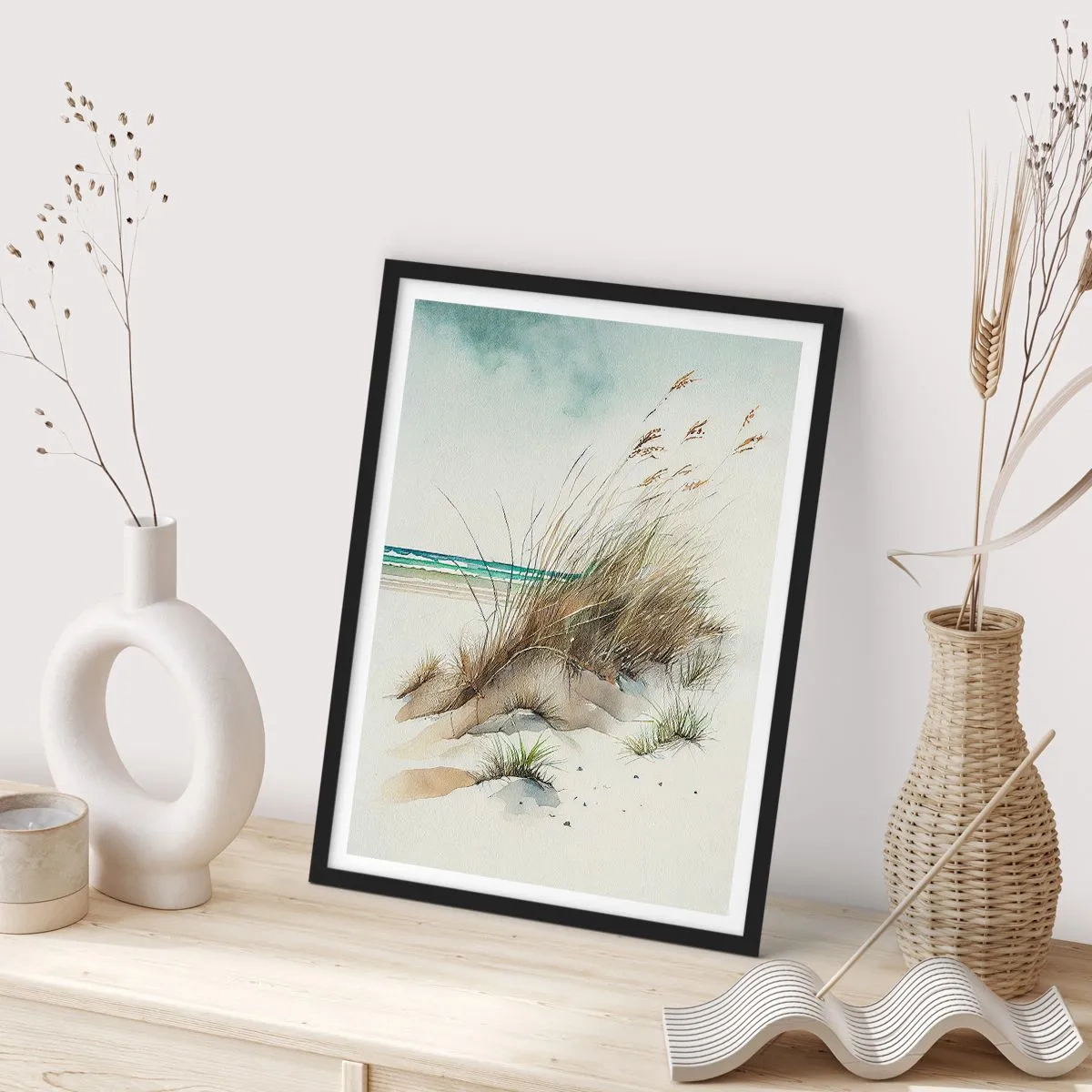 Póster en marco negro - Dunas de estilo acuarela con hierbas junto a un mar en calma - 50x70cm - Rodeada por arena - Decoración de pared moderna para salón y dormitorio ARTTOR