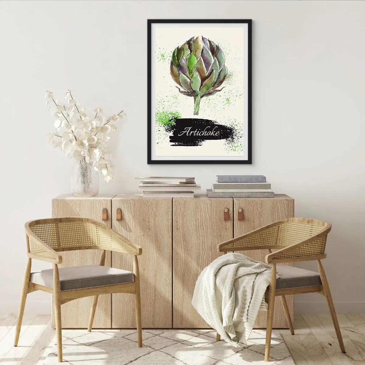Póster en marco negro - Ilustración de acuarela de una alcachofa sobre un fondo claro - 50x70cm - El sabor del otoño - Decoración de pared moderna para salón y dormitorio ARTTOR