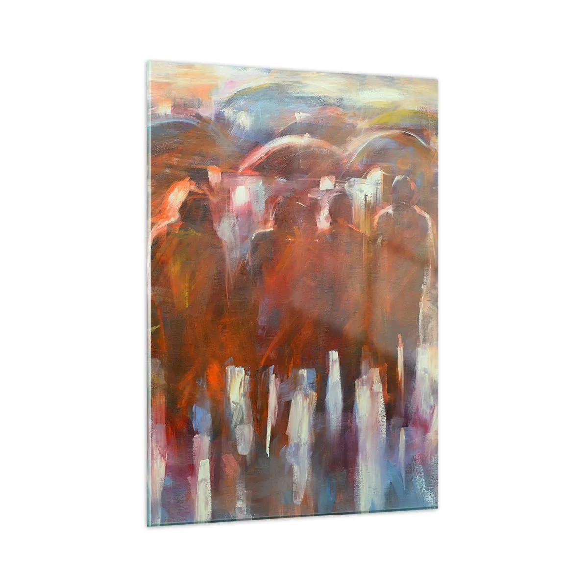 Cuadro sobre vidrio - Impresiones sobre Vidrio - Una multitud de personas con paraguas en una abstracción artística. - 50x70cm - Iguales entre la niebla - Decoración de pared moderna para salón y dormitorio ARTTOR