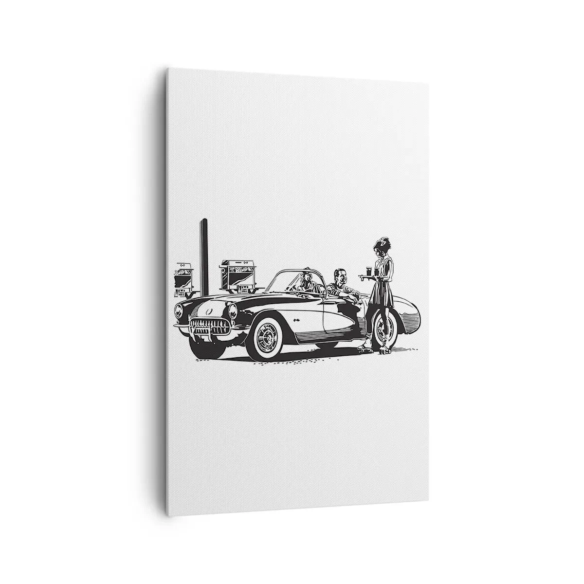 Cuadro sobre lienzo - Impresión de Imagen - Una escena retro en blanco y negro con un coche y una camarera en patines. - 80x120cm - Años 60 - la América despreocupada - Decoración de pared moderna para salón y dormitorio ARTTOR