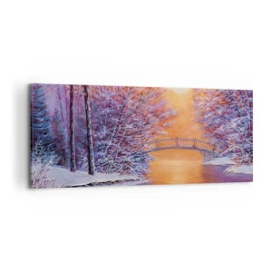 Cuadro sobre lienzo - Impresión de Imagen - Paisaje invernal con puente y puesta de sol - 120x50cm - Reunámonos aquí - Decoración de pared moderna para salón y dormitorio ARTTOR