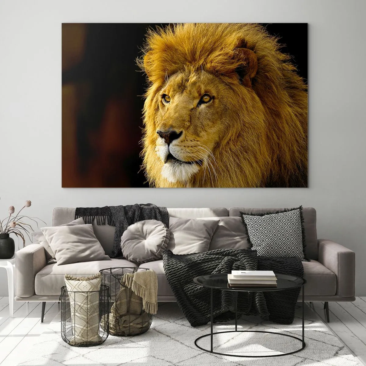 Cuadro sobre vidrio - Impresiones sobre Vidrio - Retrato de un león majestuoso sobre un fondo oscuro - 70x50cm - Retrato de un rey - Decoración de pared moderna para salón y dormitorio ARTTOR