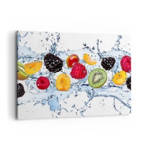 Cuadro sobre lienzo - Impresión de Imagen - Frutas coloridas sumergidas en salpicaduras de agua sobre un fondo blanco - 100x70cm - Juega con nosotros - Decoración de pared moderna para salón y dormitorio ARTTOR