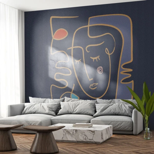 Fotomural Standard Eco - Retrato de contorno de una mujer sobre un fondo azul marino - 100x70cm - En un maravilloso sueño - Decoración de pared moderna para salón y dormitorio ARTTOR