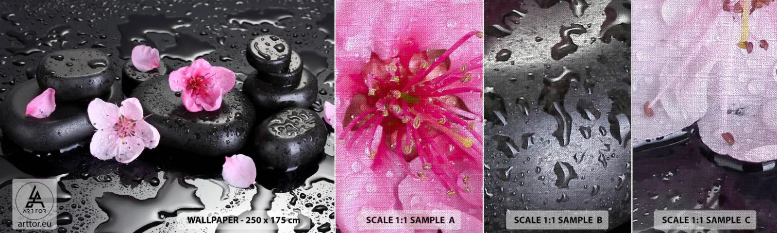 Muestra de fotomural Premium Canvas - Y una piedra cae del corazón - flores, Asia, Spa - 100x30 cm